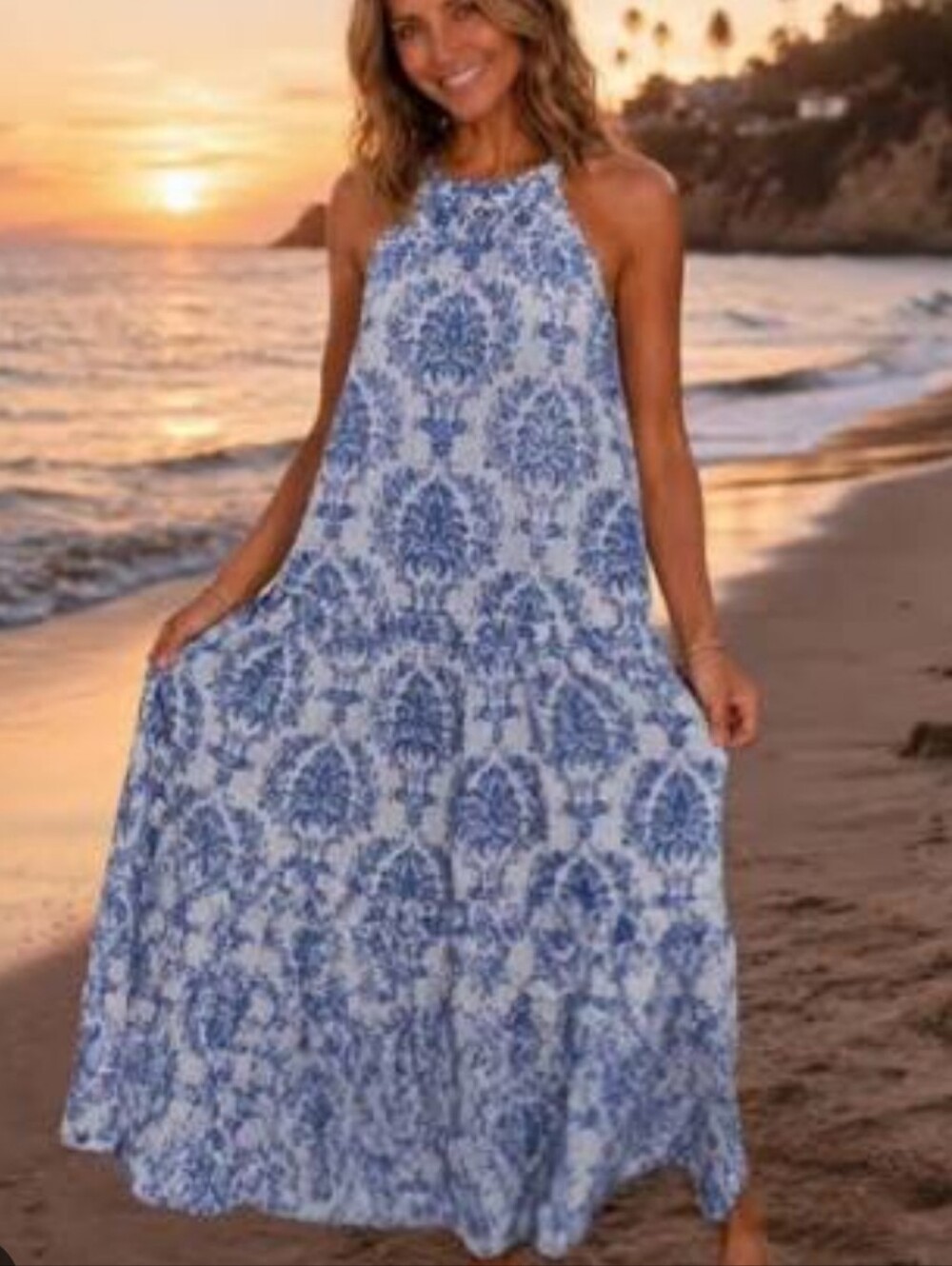 Blue & White Printed Halter Midi Dress